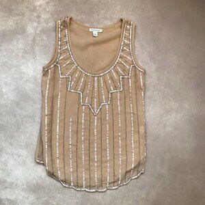 Boston Proper Sequin & Bead Tank Top Scoop Neck Scallop Hem Nude w/ Lining 2